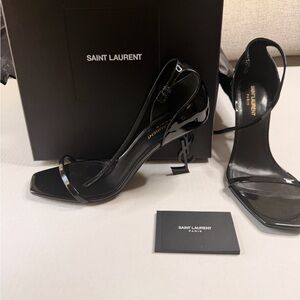 Saint Laurent Black Patent Leather Square-Toe Ankle-Strap Heels | Size 40